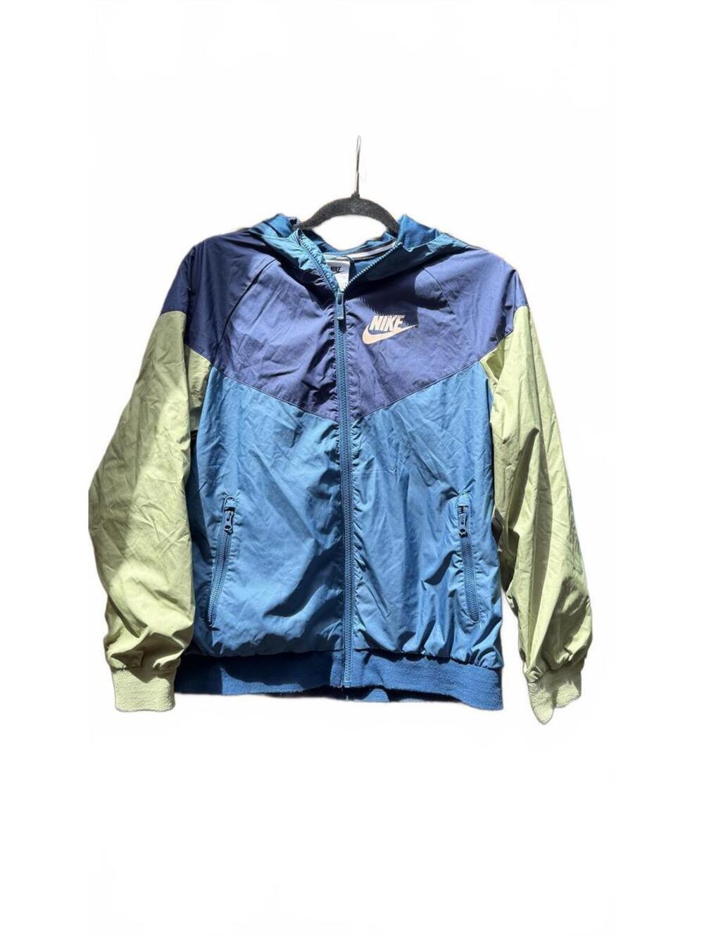 Nike Windbreaker Jacket Youth M Blue Green Hooded Full Zip Lightweight Kids